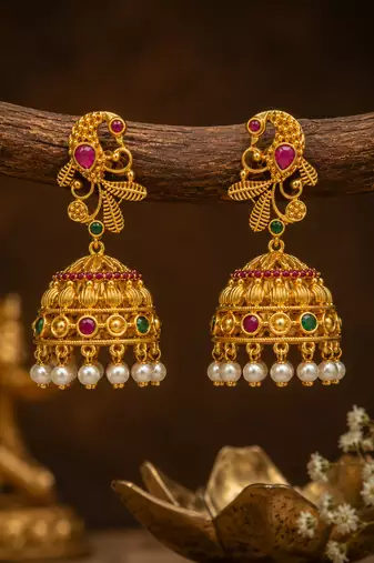 Matt gold peacock jhumka earrings with ruby green stones & pearl drops | south indian temple jewellery for women