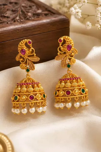 Matt gold peacock jhumka earrings with ruby green stones & pearl drops | south indian temple jewellery for women