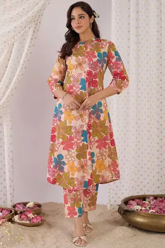 Floral Printed Mandarin Collar Pure Cotton A-Line Kurta With Trouser