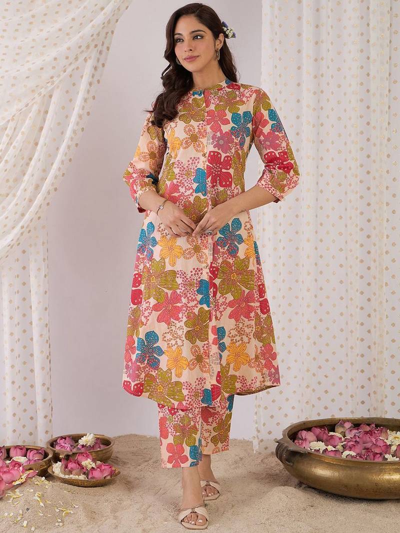 Floral Printed Mandarin Collar Pure Cotton A-Line Kurta With Trouser