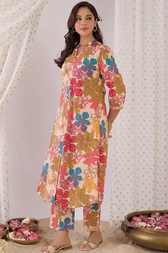 Floral Printed Mandarin Collar Pure Cotton A-Line Kurta With Trouser