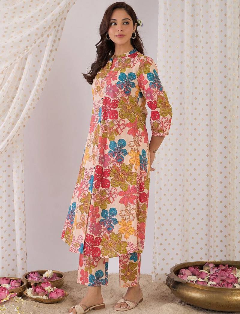 Floral Printed Mandarin Collar Pure Cotton A-Line Kurta With Trouser