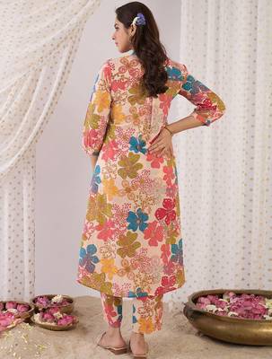 Floral Printed Mandarin Collar Pure Cotton A-Line Kurta With Trouser 6