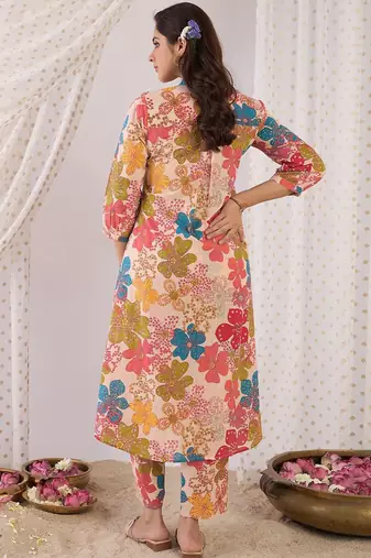 Floral Printed Mandarin Collar Pure Cotton A-Line Kurta With Trouser