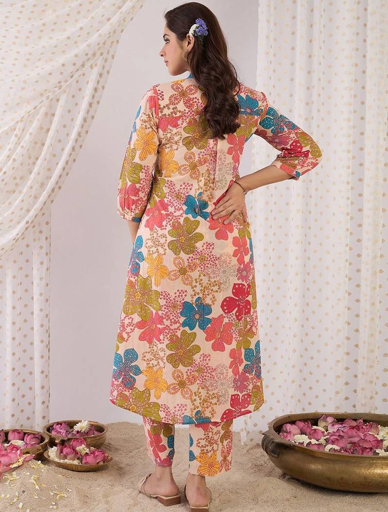 Floral Printed Mandarin Collar Pure Cotton A-Line Kurta With Trouser