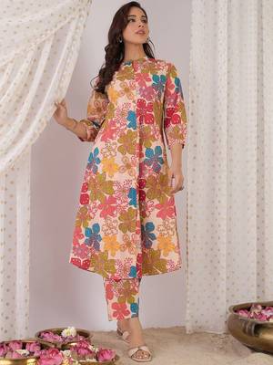 Floral Printed Mandarin Collar Pure Cotton A-Line Kurta With Trouser 7