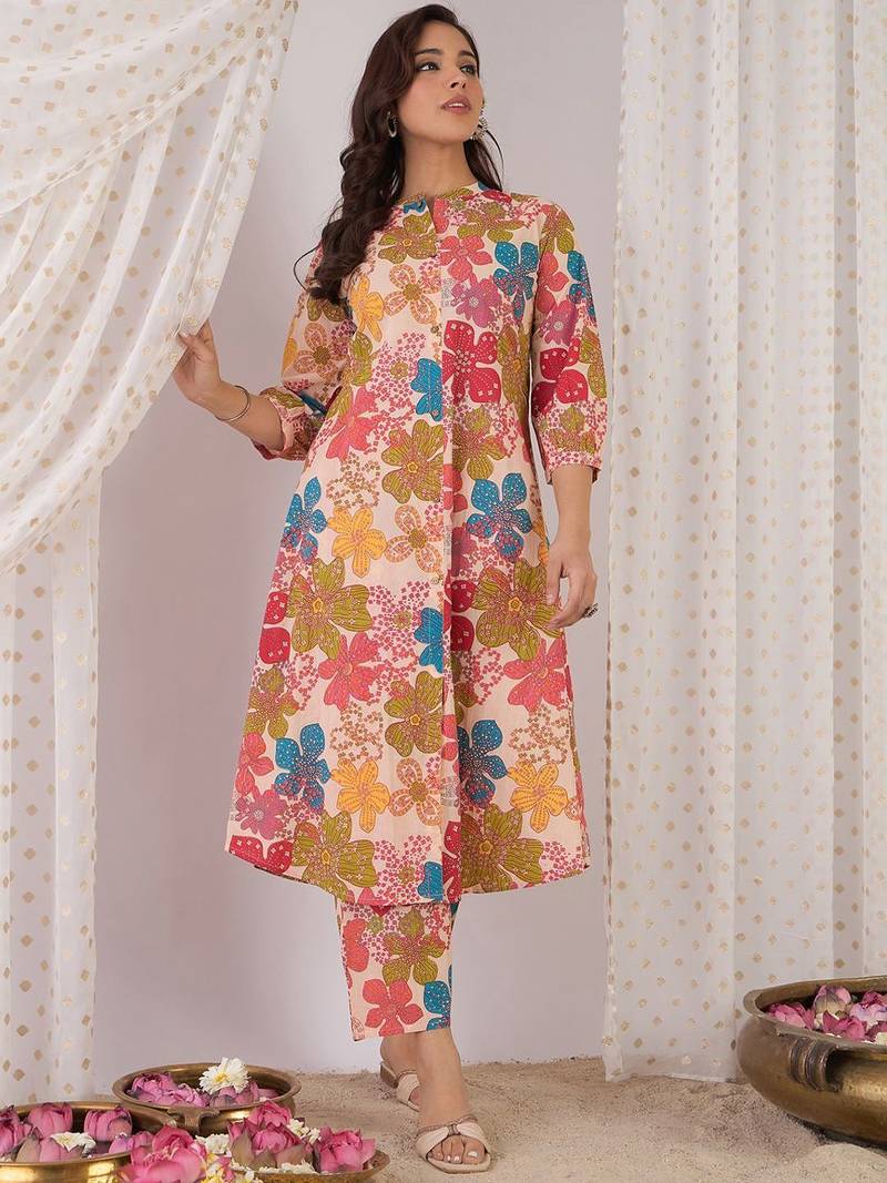 Floral Printed Mandarin Collar Pure Cotton A-Line Kurta With Trouser