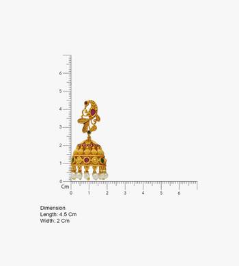 matt gold peacock jhumka earrings with ruby green stones & pearl drops   south indian temple jewellery for women 4