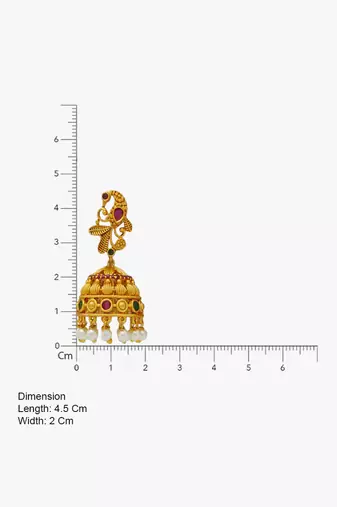 Matt gold peacock jhumka earrings with ruby green stones & pearl drops | south indian temple jewellery for women