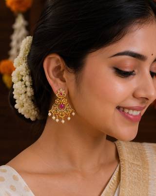 matt gold floral chandbali earrings with ruby green stones & pearl drops   south indian temple jewellery for women 1