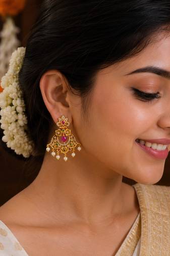 matt gold floral chandbali earrings with ruby green stones & pearl drops   south indian temple jewellery for women