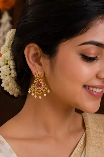 Matt gold floral chandbali earrings with ruby green stones & pearl drops | south indian temple jewellery for women