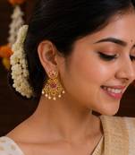 matt gold floral chandbali earrings with ruby green stones & pearl drops   south indian temple jewellery for women