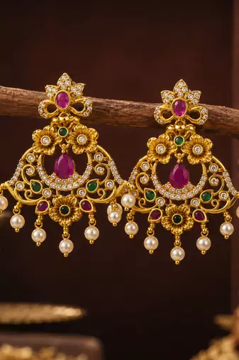 Matt gold floral chandbali earrings with ruby green stones & pearl drops | south indian temple jewellery for women