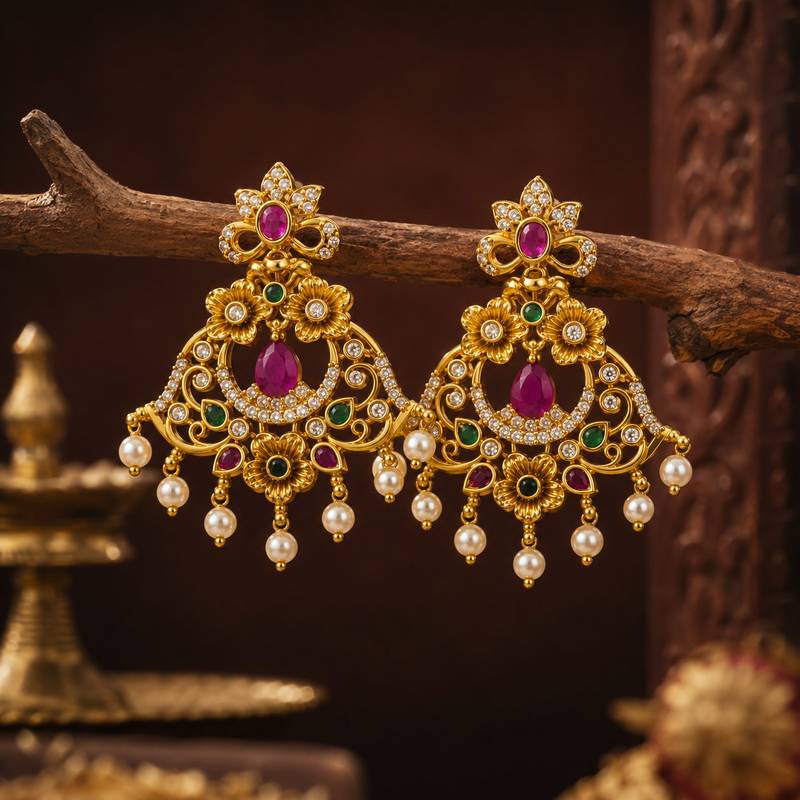 matt gold floral chandbali earrings with ruby green stones & pearl drops   south indian temple jewellery for women