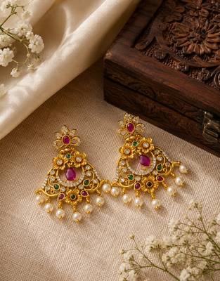 matt gold floral chandbali earrings with ruby green stones & pearl drops   south indian temple jewellery for women 3
