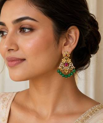 matt gold floral chandbali earrings with green beads, ruby cz stones   south indian temple jewellery for women 1