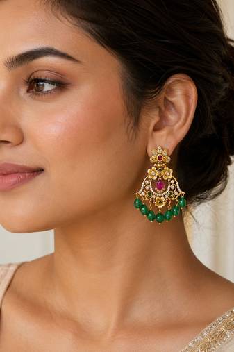 matt gold floral chandbali earrings with green beads, ruby cz stones   south indian temple jewellery for women