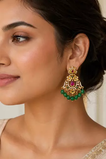 Matt gold floral chandbali earrings with green beads, ruby cz stones | south indian temple jewellery for women