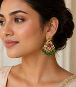 matt gold floral chandbali earrings with green beads, ruby cz stones   south indian temple jewellery for women