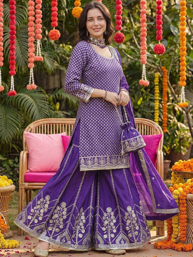 Women Ethnic Motifs Embroidered Regular Sequinned Kurta with Palazzos & With Dupatta