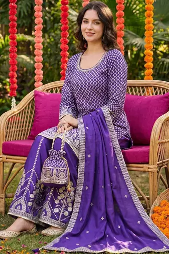 Women Ethnic Motifs Embroidered Regular Sequinned Kurta with Palazzos & With Dupatta