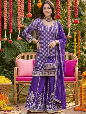 Women Ethnic Motifs Embroidered Regular Sequinned Kurta with Palazzos & With Dupatta 5