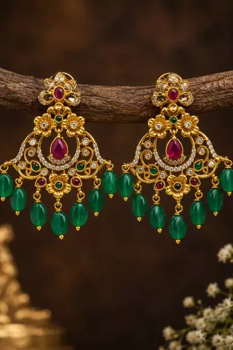 Matt gold floral chandbali earrings with green beads, ruby cz stones | south indian temple jewellery for women