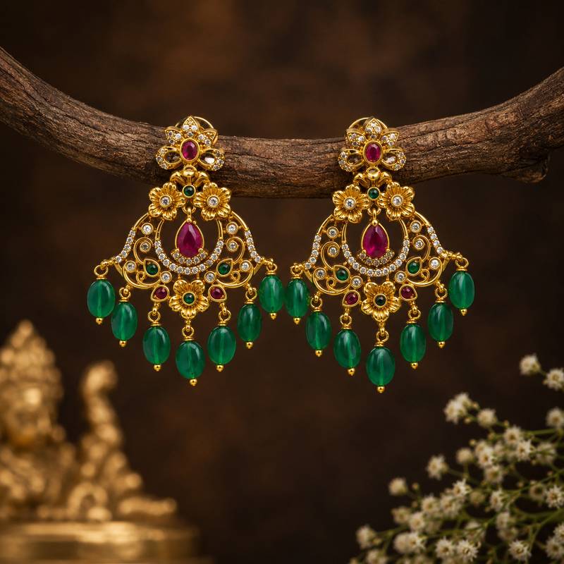 matt gold floral chandbali earrings with green beads, ruby cz stones   south indian temple jewellery for women