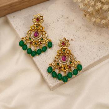 matt gold floral chandbali earrings with green beads, ruby cz stones   south indian temple jewellery for women 3
