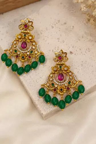 Matt gold floral chandbali earrings with green beads, ruby cz stones | south indian temple jewellery for women