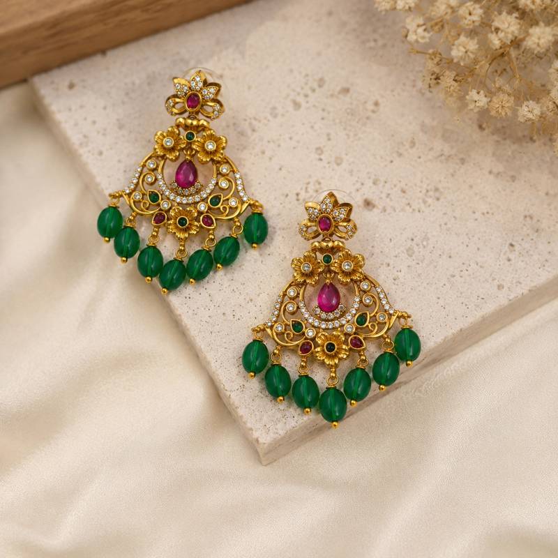 matt gold floral chandbali earrings with green beads, ruby cz stones   south indian temple jewellery for women