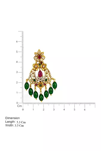 Matt gold floral chandbali earrings with green beads, ruby cz stones | south indian temple jewellery for women