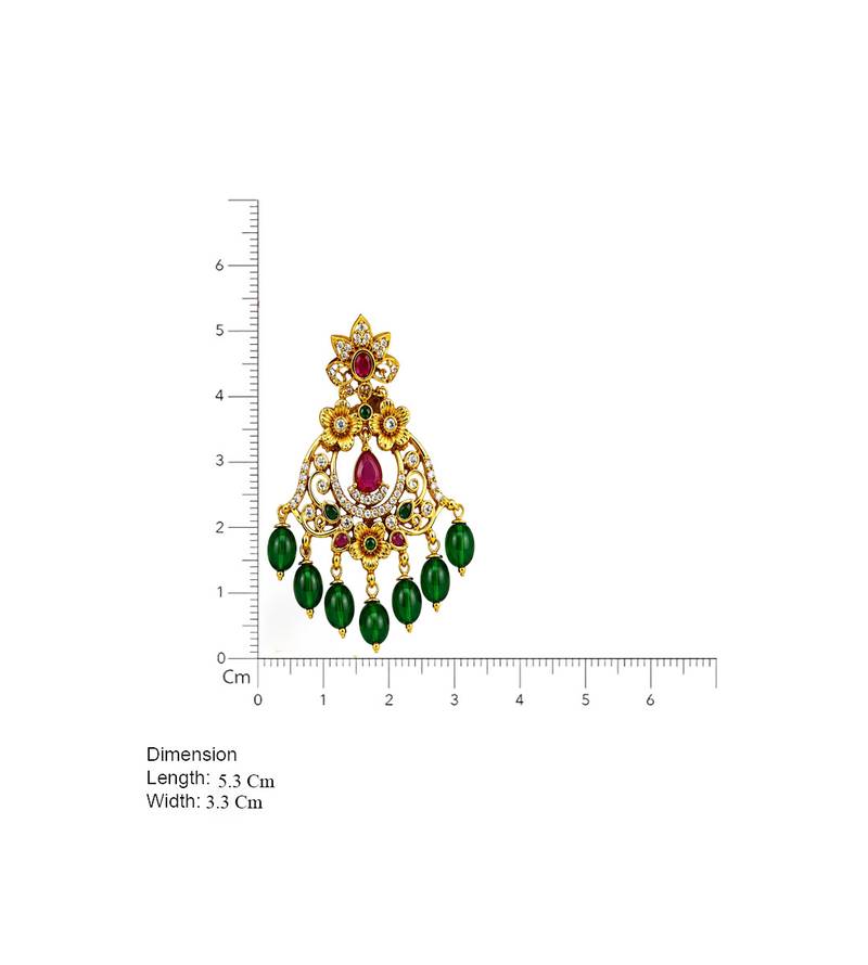 matt gold floral chandbali earrings with green beads, ruby cz stones   south indian temple jewellery for women