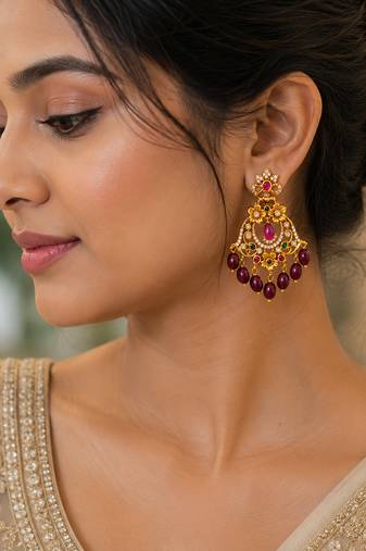 matt gold floral chandbali earrings with red beads, ruby cz stones   south indian temple jewellery for women