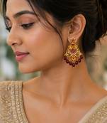 matt gold floral chandbali earrings with red beads, ruby cz stones   south indian temple jewellery for women