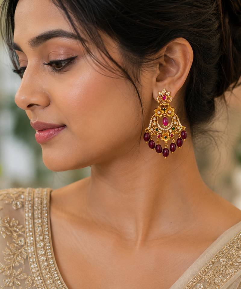 matt gold floral chandbali earrings with red beads, ruby cz stones   south indian temple jewellery for women