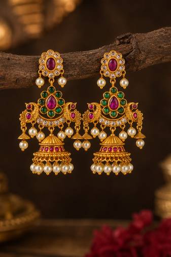 matt gold peacock jhumki earrings with ruby green stones & pearl drops   south indian temple jewellery