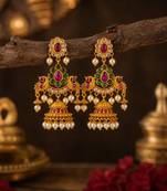 matt gold peacock jhumki earrings with ruby green stones & pearl drops   south indian temple jewellery