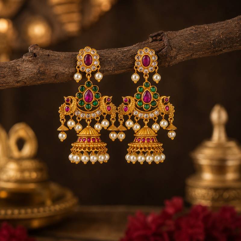 matt gold peacock jhumki earrings with ruby green stones & pearl drops   south indian temple jewellery