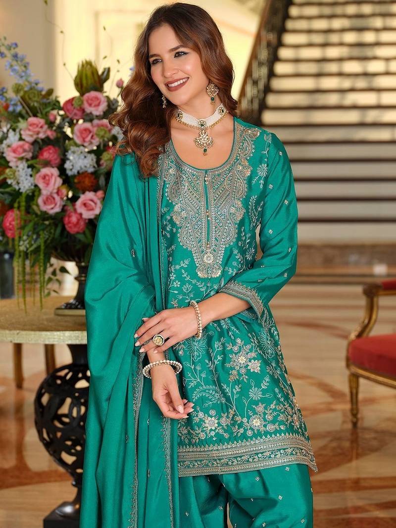 Women Ethnic Motifs Embroidered Regular Sequinned Kurta with Salwar & With Dupatta