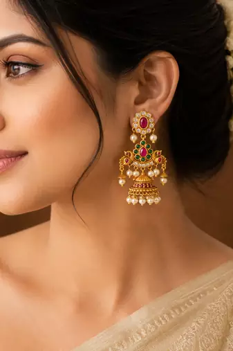 Matt gold peacock jhumki earrings with ruby green stones & pearl drops | south indian temple jewellery