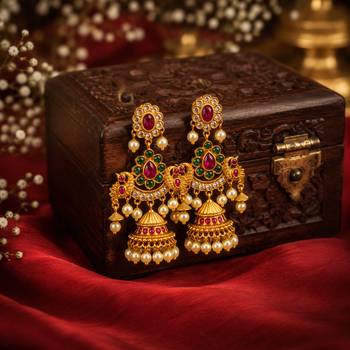 matt gold peacock jhumki earrings with ruby green stones & pearl drops   south indian temple jewellery 3