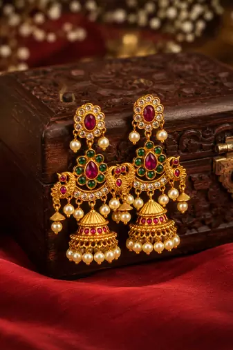 Matt gold peacock jhumki earrings with ruby green stones & pearl drops | south indian temple jewellery