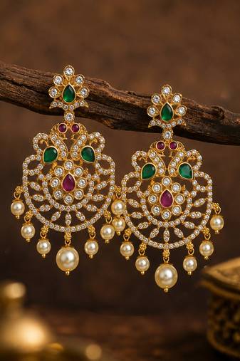 gold plated cz chandbali earrings with green ruby stones & pearl drops   ethnic party wear for women