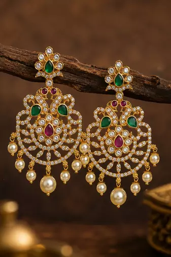 Gold plated cz chandbali earrings with green ruby stones & pearl drops | ethnic party wear for women