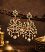 gold plated cz chandbali earrings with green ruby stones & pearl drops   ethnic party wear for women