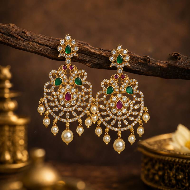 gold plated cz chandbali earrings with green ruby stones & pearl drops   ethnic party wear for women