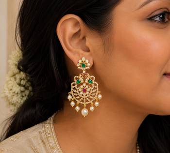 gold plated cz chandbali earrings with green ruby stones & pearl drops   ethnic party wear for women 2