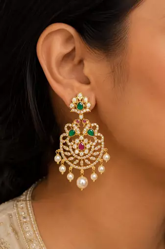 Gold plated cz chandbali earrings with green ruby stones & pearl drops | ethnic party wear for women
